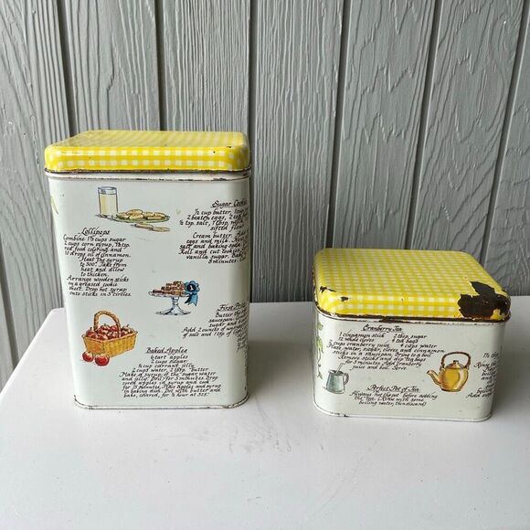 VTG 70s Sugar & Tea Tin Canister Set – Yellow Gingham Lids, Retro Farmhouse Kitc - Picture 2 of 8
